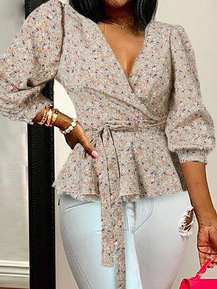 Celmia Women Elegant Blouse 2022 Summer Sexy V-Neck Leopard Print Tunic Shirt Belted Office Fashion Top Ruffles Blusas Femininas