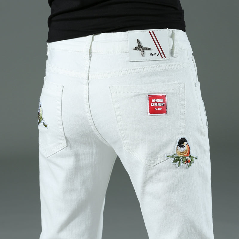 Spring summer New Men's thin slim White jeans Stretch Embroidery decoration Denim men fashion trousers male Brand Pants chinos