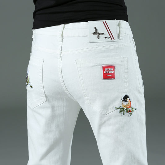 Spring summer New Men's thin slim White jeans Stretch Embroidery decoration Denim men fashion trousers male Brand Pants chinos