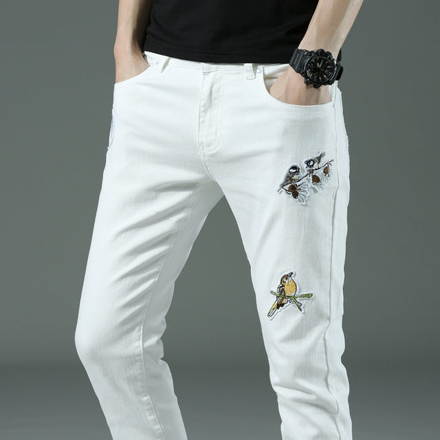 Spring summer New Men's thin slim White jeans Stretch Embroidery decoration Denim men fashion trousers male Brand Pants chinos