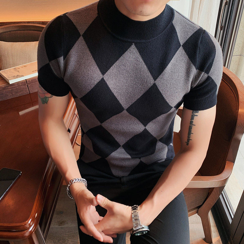 Tshirt Streetwear Tee Shirt Color Contrast Knitted T Shirt Male Slim Fit Business High Neck Short Sleeve Diamond Lattice Knitted