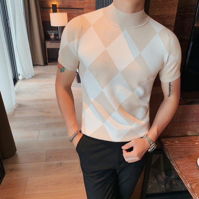 Tshirt Streetwear Tee Shirt Color Contrast Knitted T Shirt Male Slim Fit Business High Neck Short Sleeve Diamond Lattice Knitted